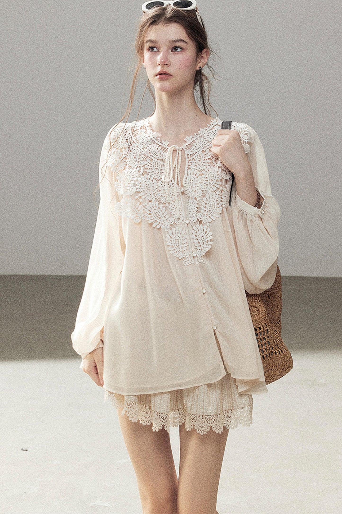 French Style Lace Trim Chiffon Top