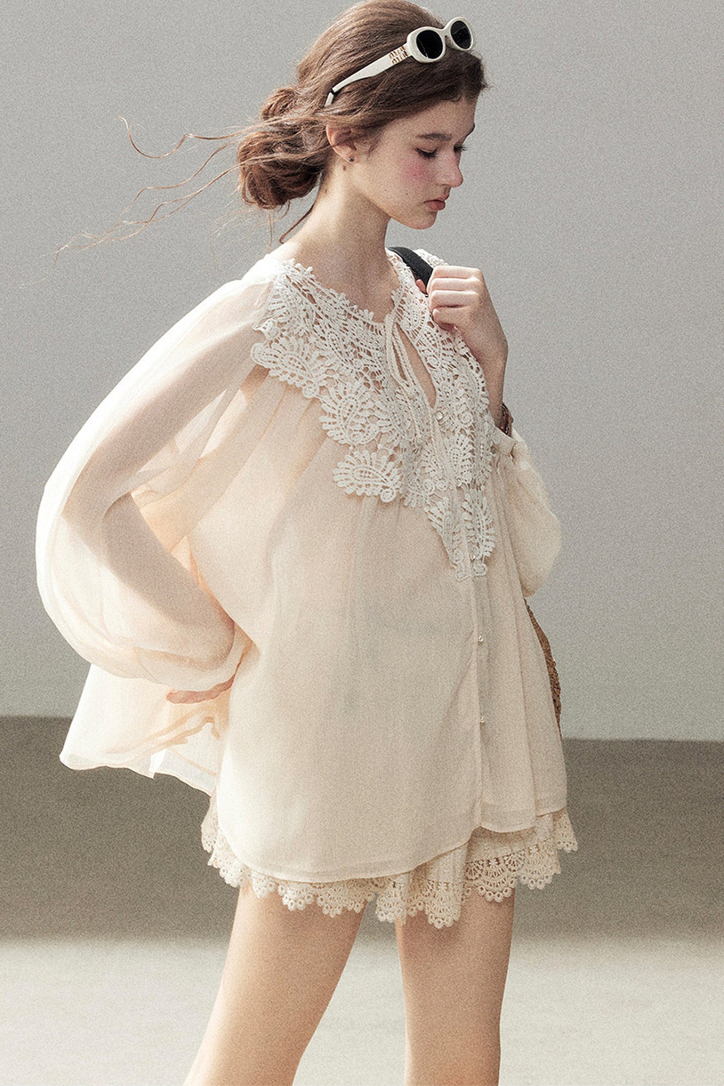 French Style Lace Trim Chiffon Top
