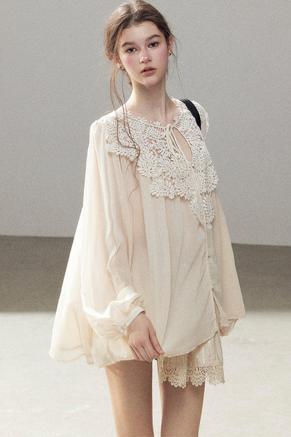 French Style Lace Trim Chiffon Top