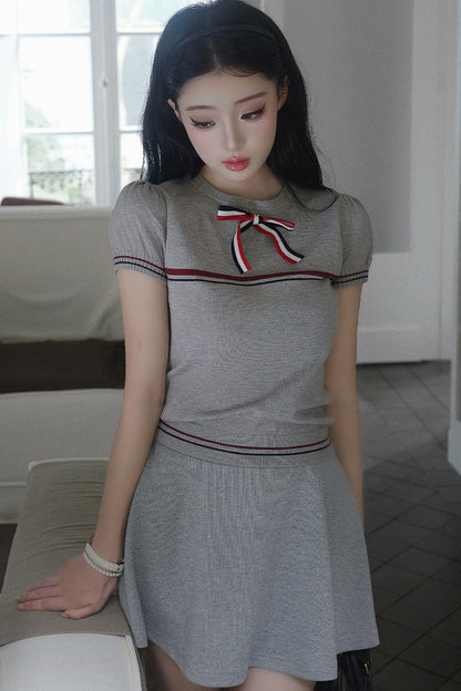 Gray Bow-Knit Top and Skirt Set-Up