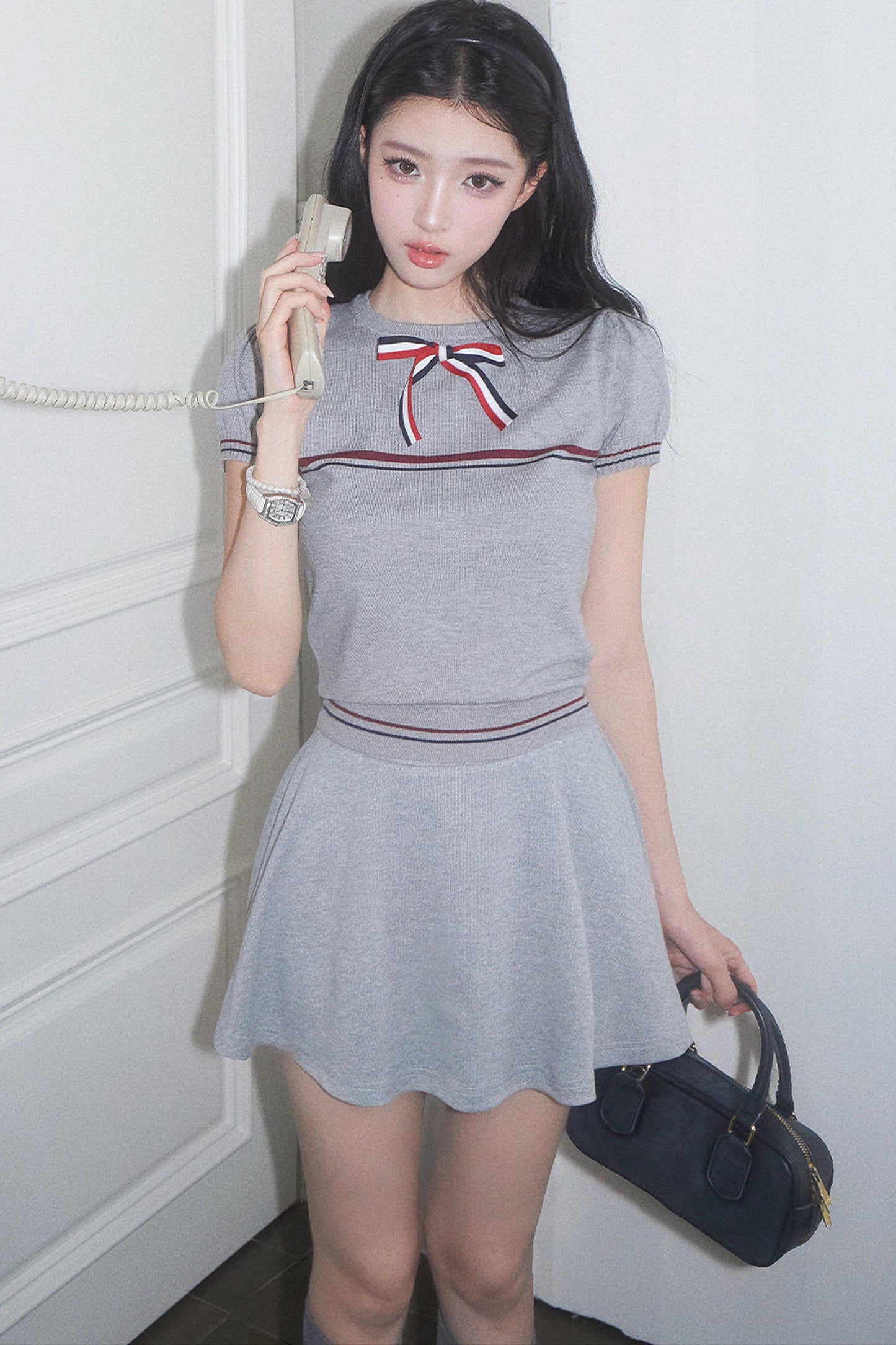Gray Bow-Knit Top and Skirt Set-Up