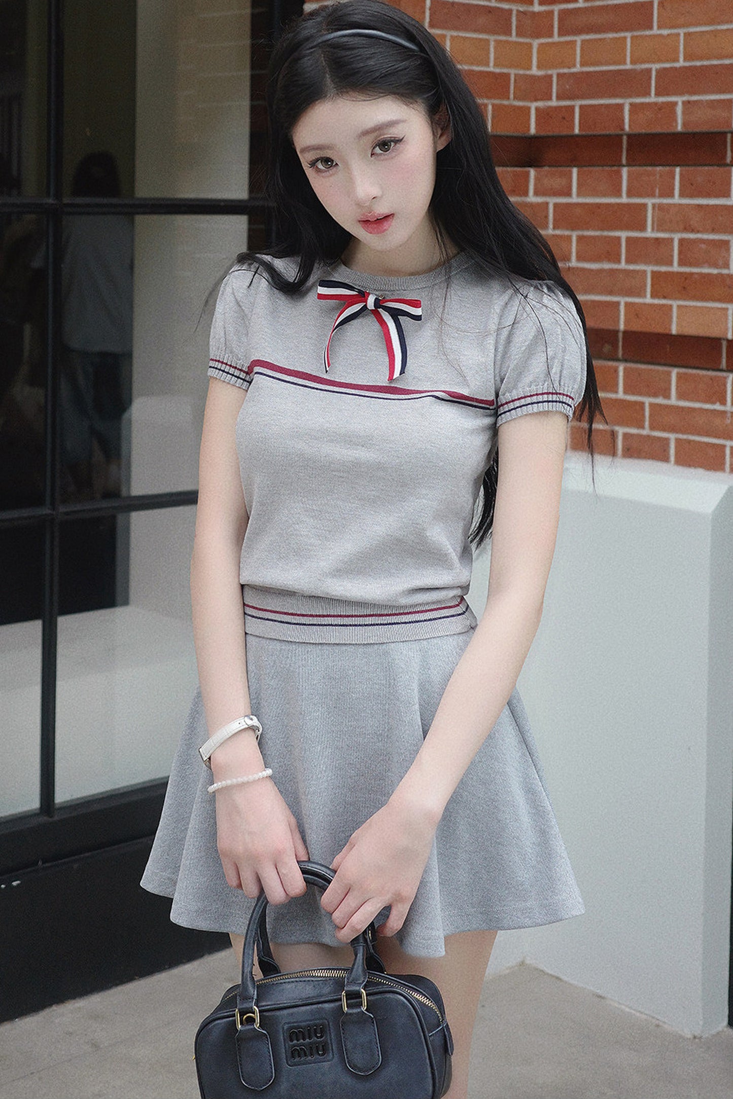 Gray Bow-Knit Top and Skirt Set-Up