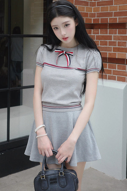 Gray Bow-Knit Top and Skirt Set-Up