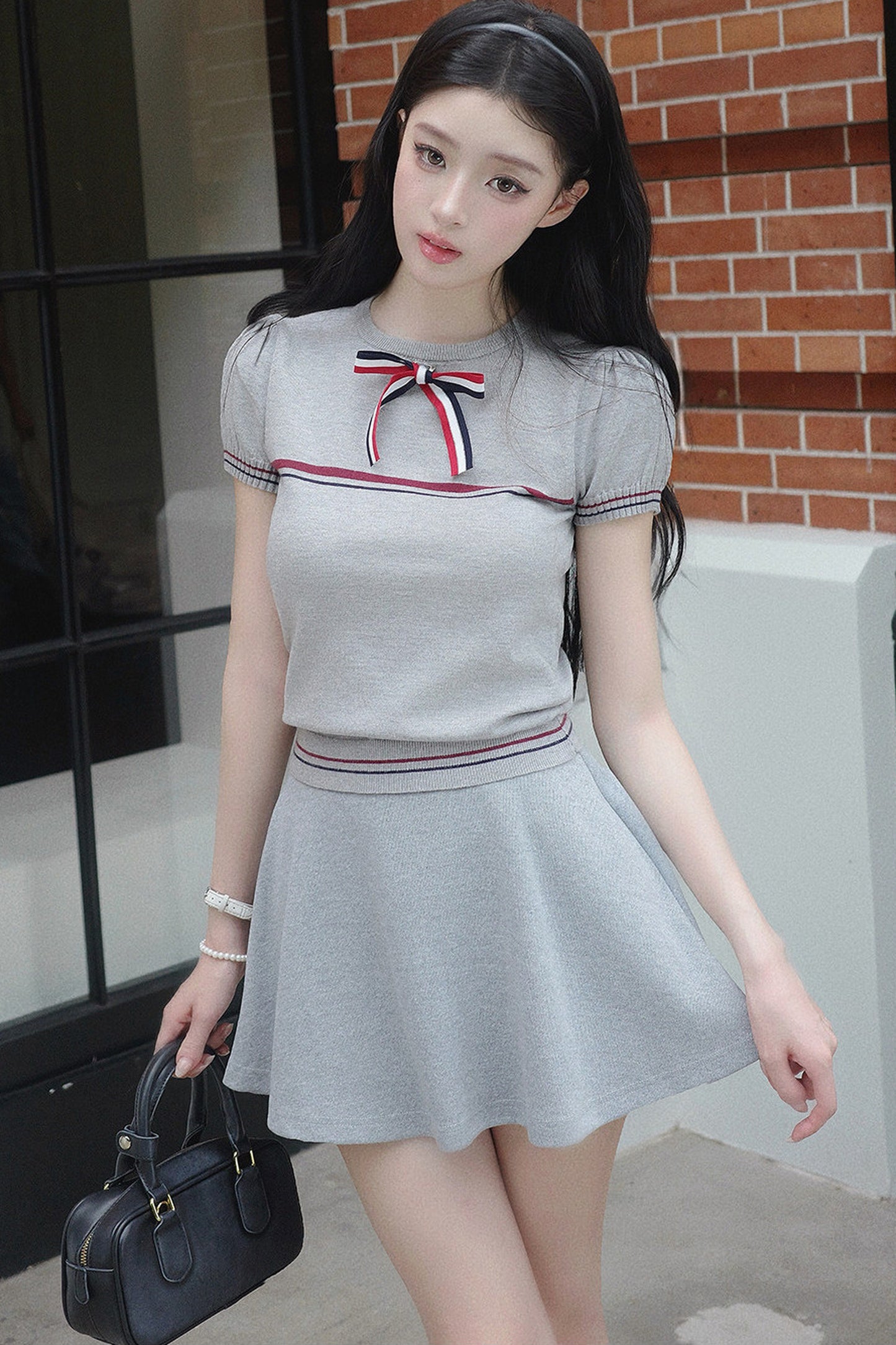 Gray Bow-Knit Top and Skirt Set-Up