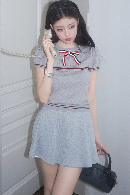 Gray Bow-Knit Top and Skirt Set-Up