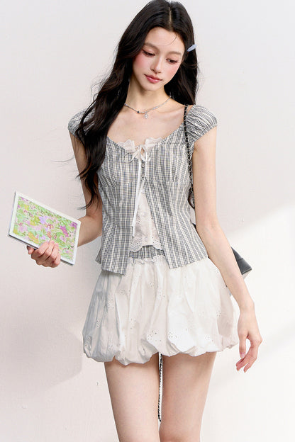 Plaid Lace Spliced Top and Skirt Set