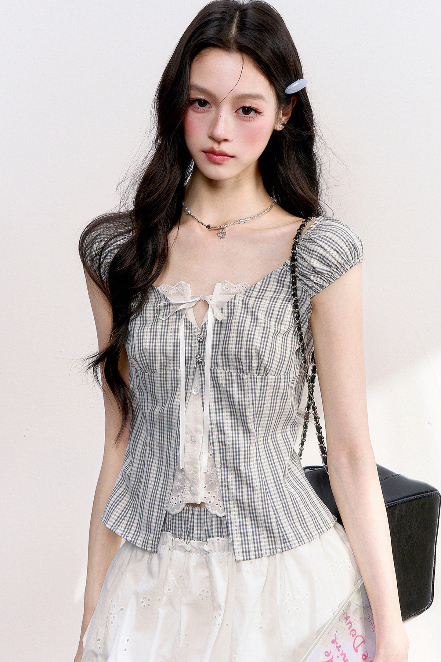 Plaid Lace Spliced Top and Skirt Set