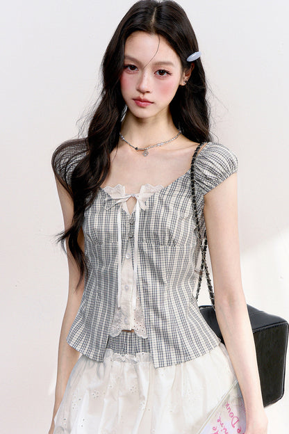 Plaid Lace Spliced Top and Skirt Set