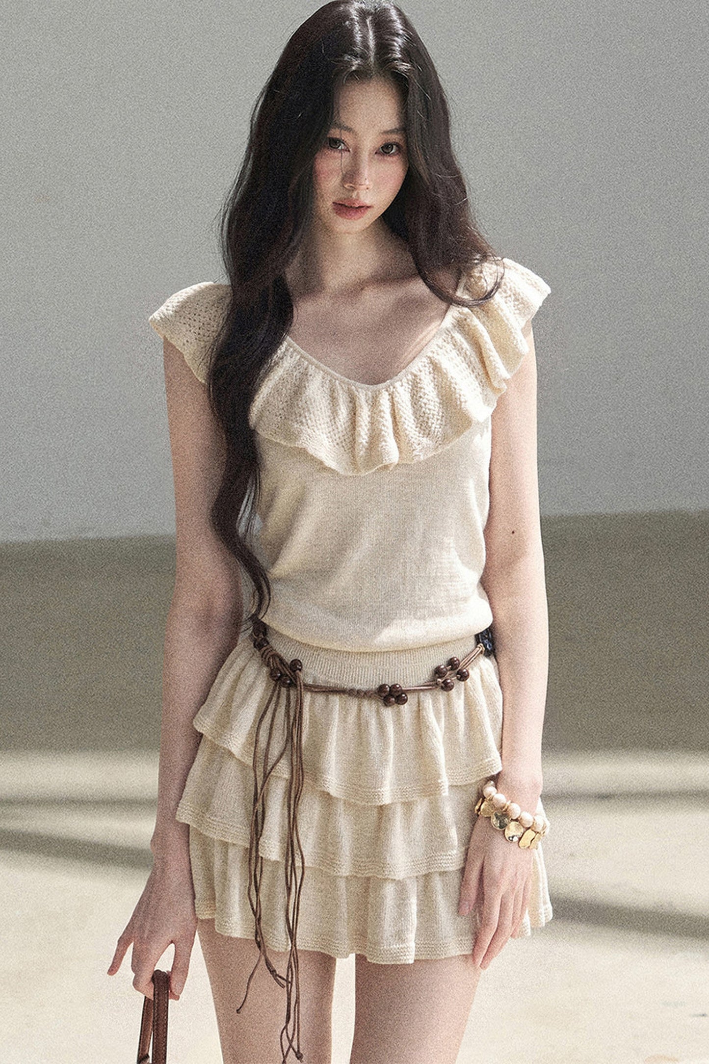 Ensemble robe en tricot à col V et à volants étagés