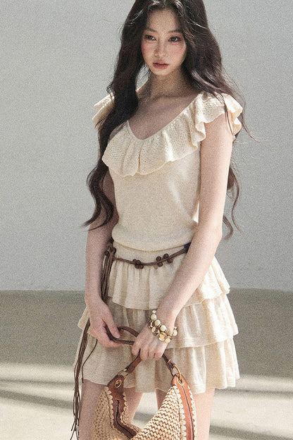 Ensemble robe en tricot à col V et à volants étagés