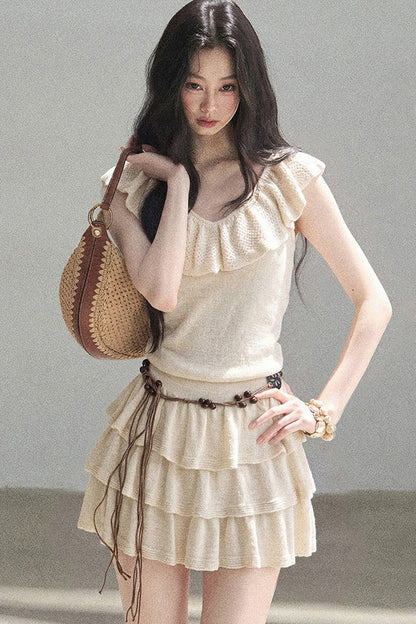 Ensemble robe en tricot à col V et à volants étagés