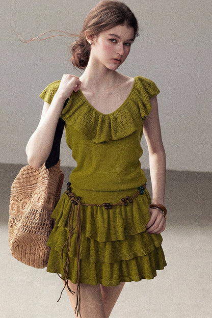Ensemble robe en tricot à col V et à volants étagés