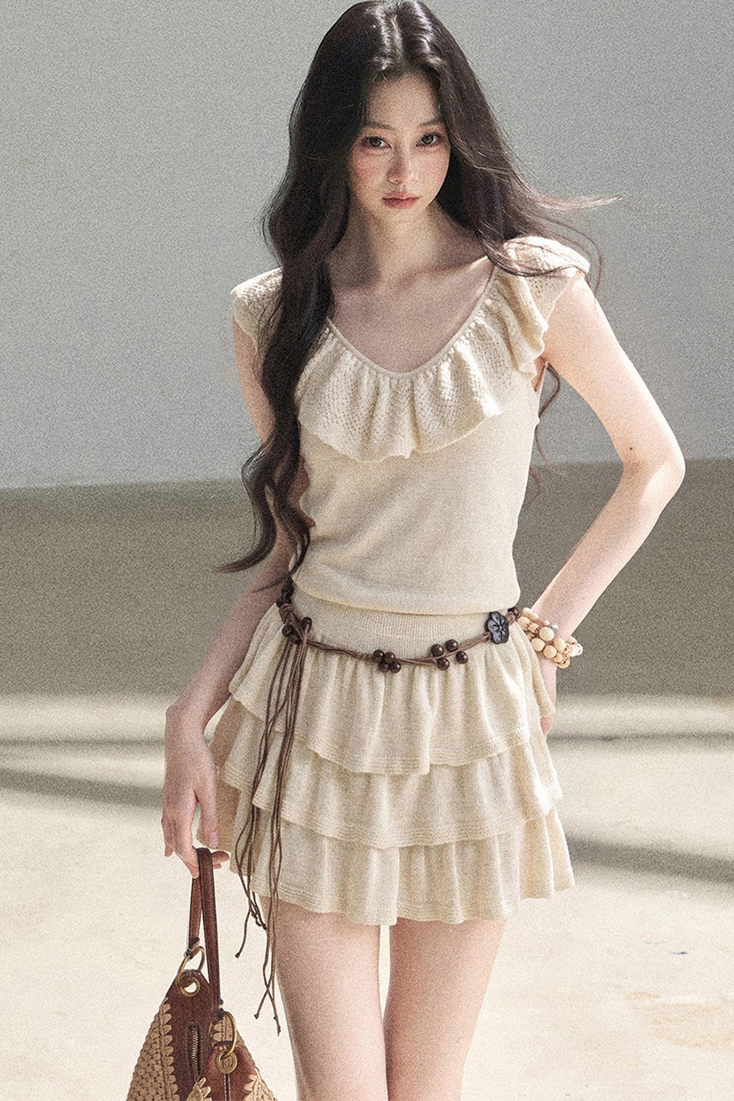 Ensemble robe en tricot à col V et à volants étagés