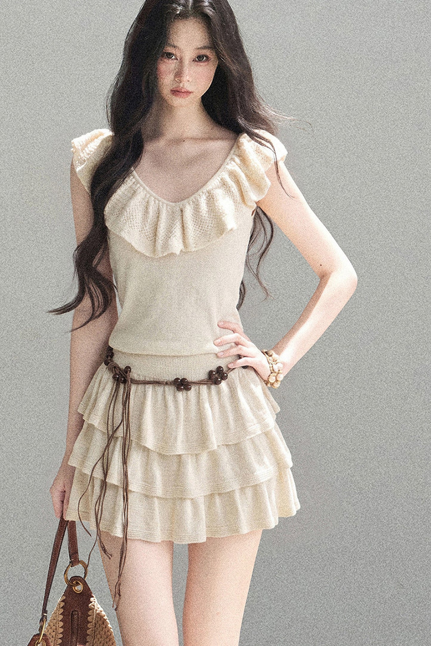 Ensemble robe en tricot à col V et à volants étagés