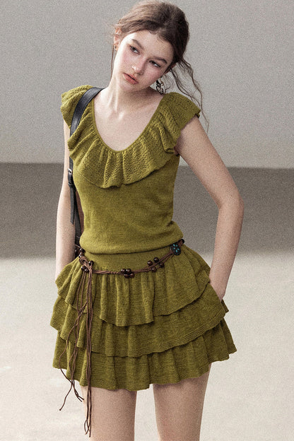 Ensemble robe en tricot à col V et à volants étagés