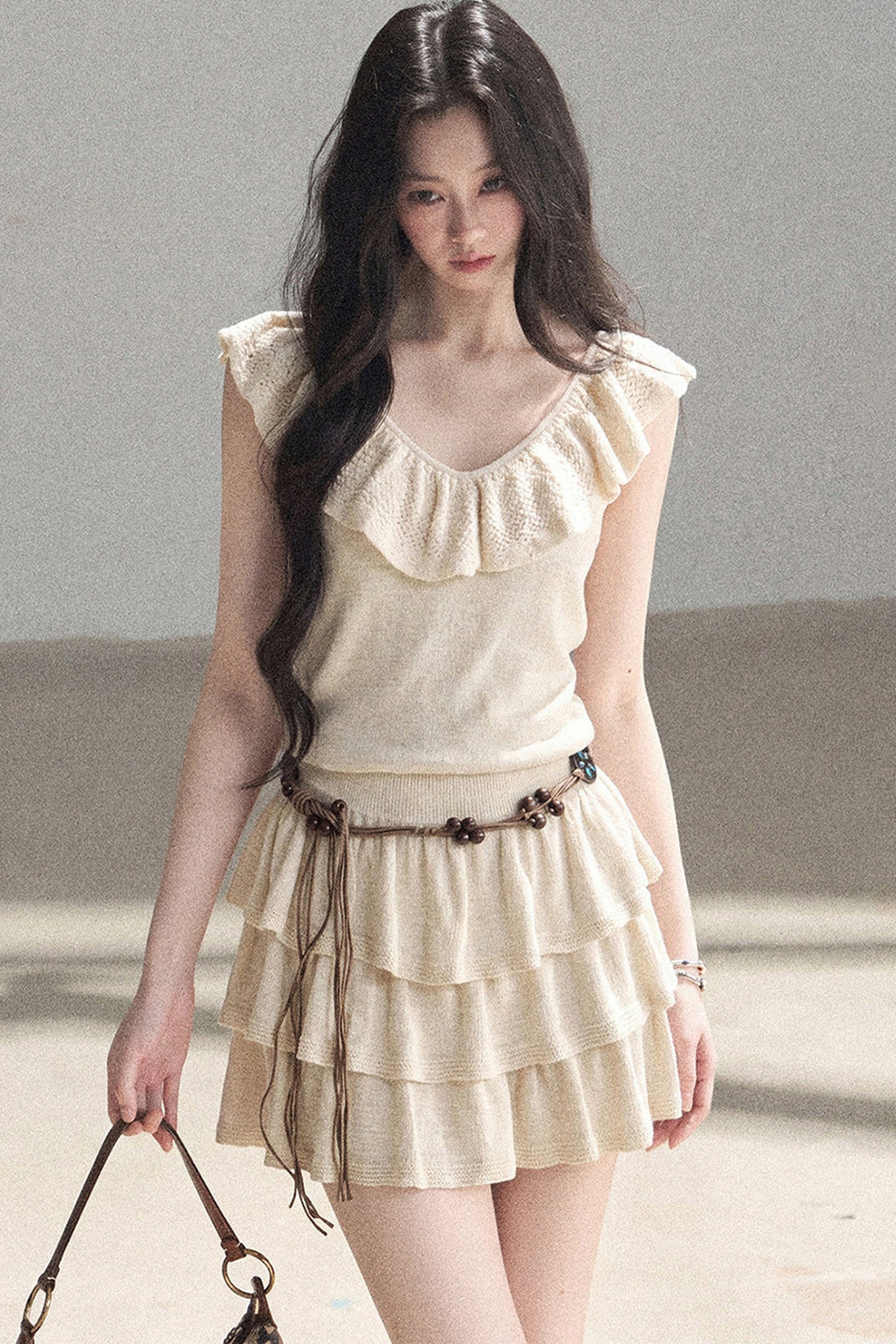 Ensemble robe en tricot à col V et à volants étagés