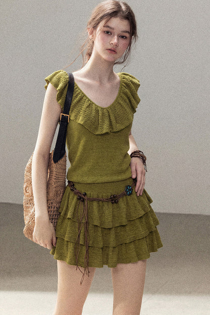 Ensemble robe en tricot à col V et à volants étagés
