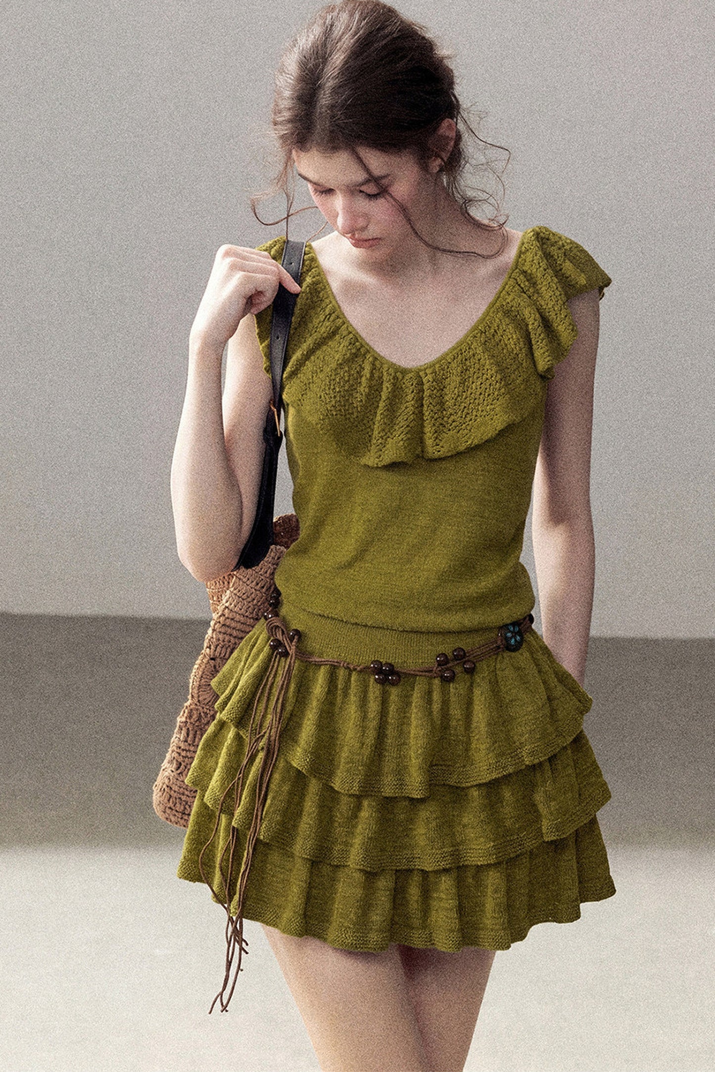Ensemble robe en tricot à col V et à volants étagés