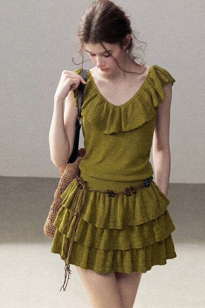 Ensemble robe en tricot à col V et à volants étagés