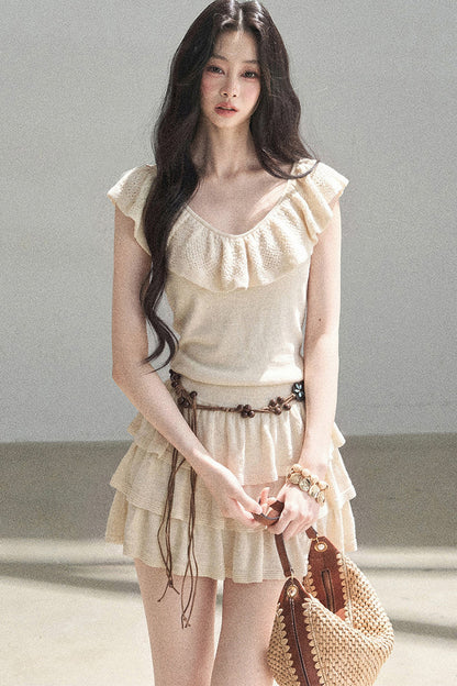 Ensemble robe en tricot à col V et à volants étagés