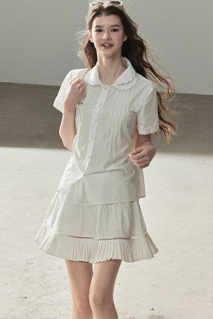 White Pleated Shirt And Skirt Set-Up