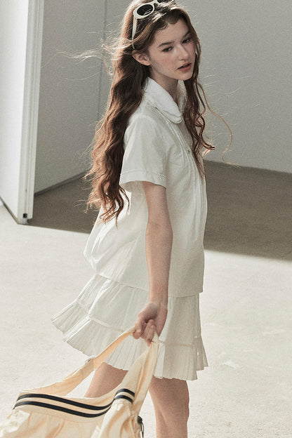 White Pleated Shirt And Skirt Set-Up