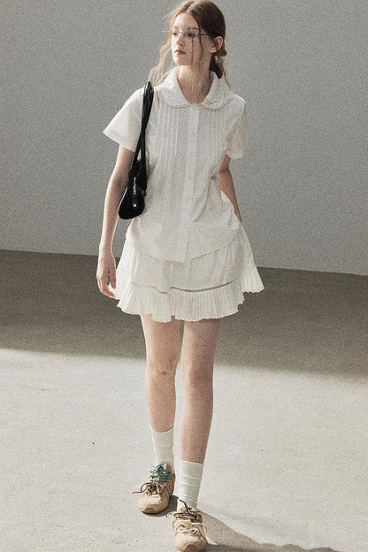 White Pleated Shirt And Skirt Set-Up