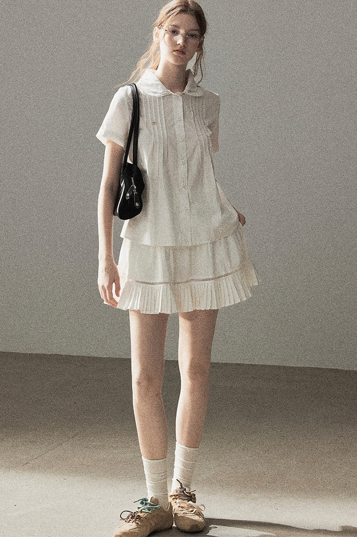 White Pleated Shirt And Skirt Set-Up