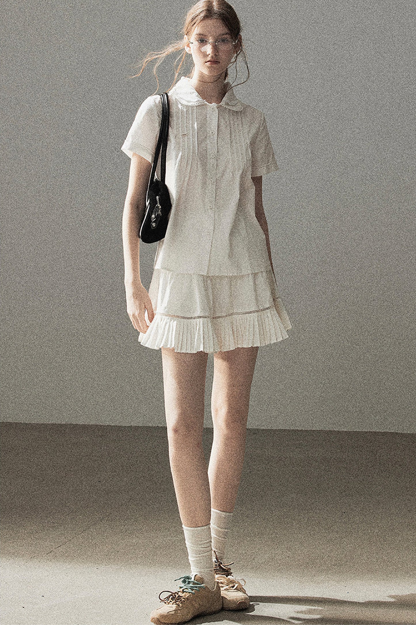 White Pleated Shirt And Skirt Set-Up