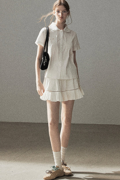 White Pleated Shirt And Skirt Set-Up