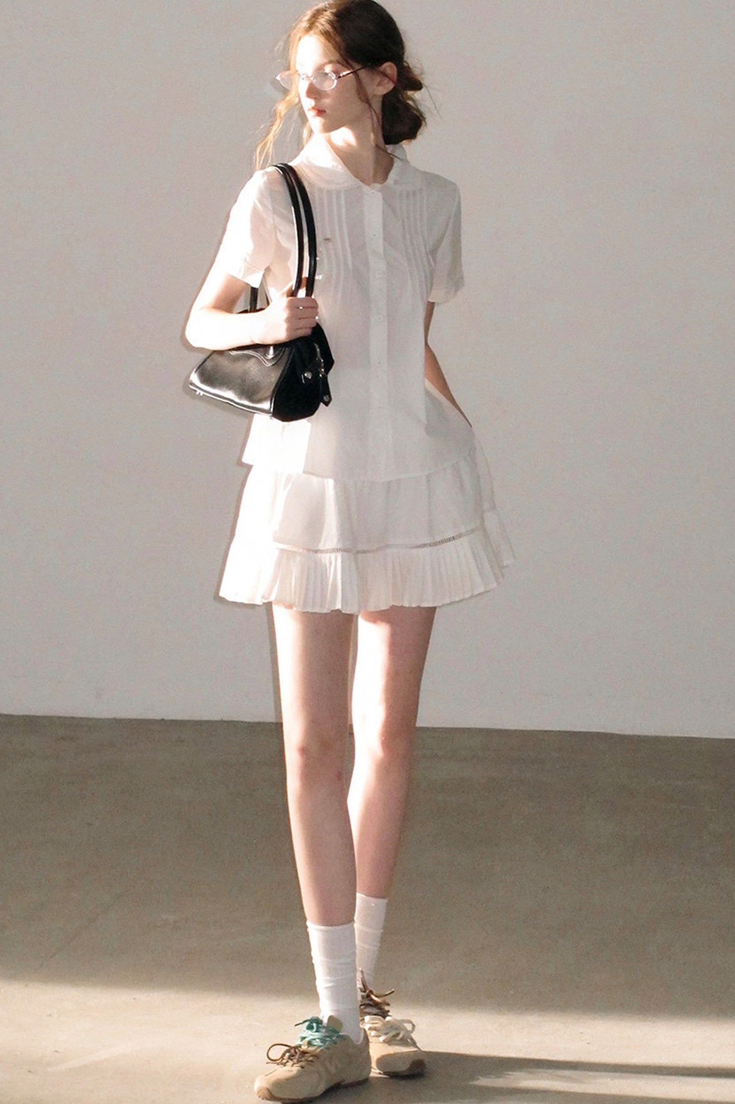 White Pleated Shirt And Skirt Set-Up
