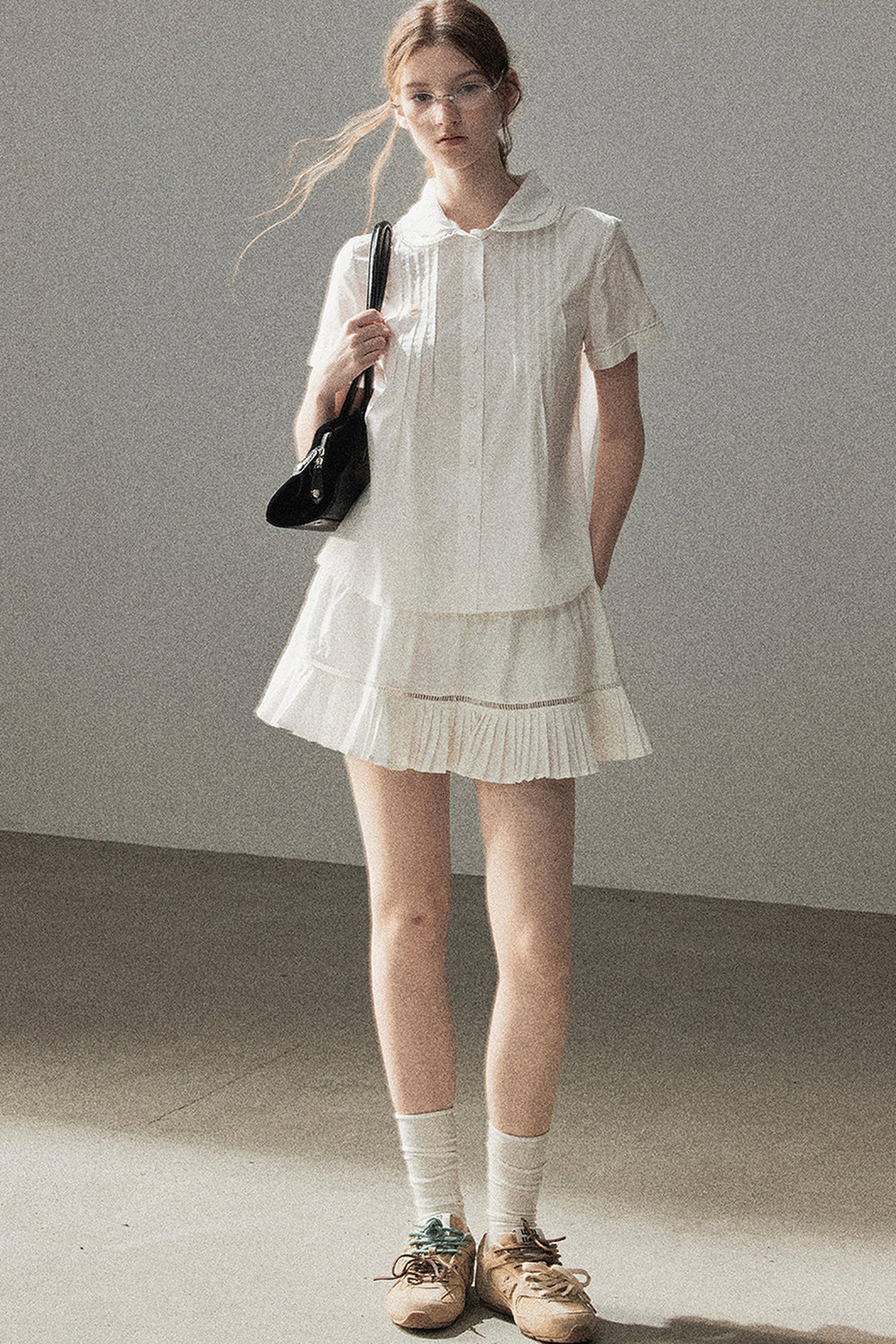 White Pleated Shirt And Skirt Set-Up