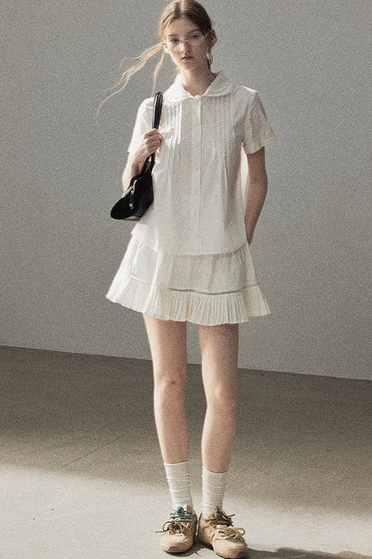 White Pleated Shirt And Skirt Set-Up