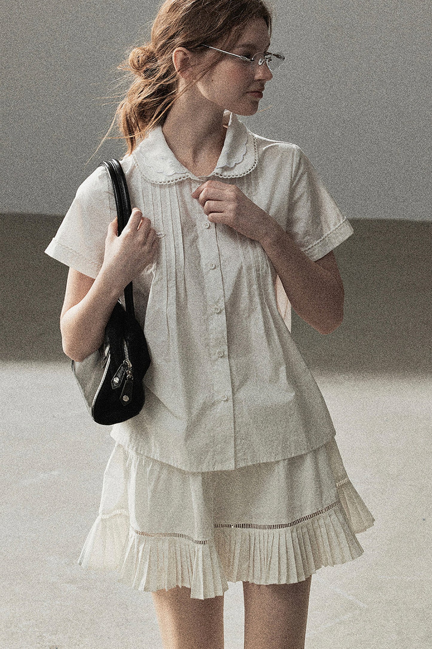 White Pleated Shirt And Skirt Set-Up