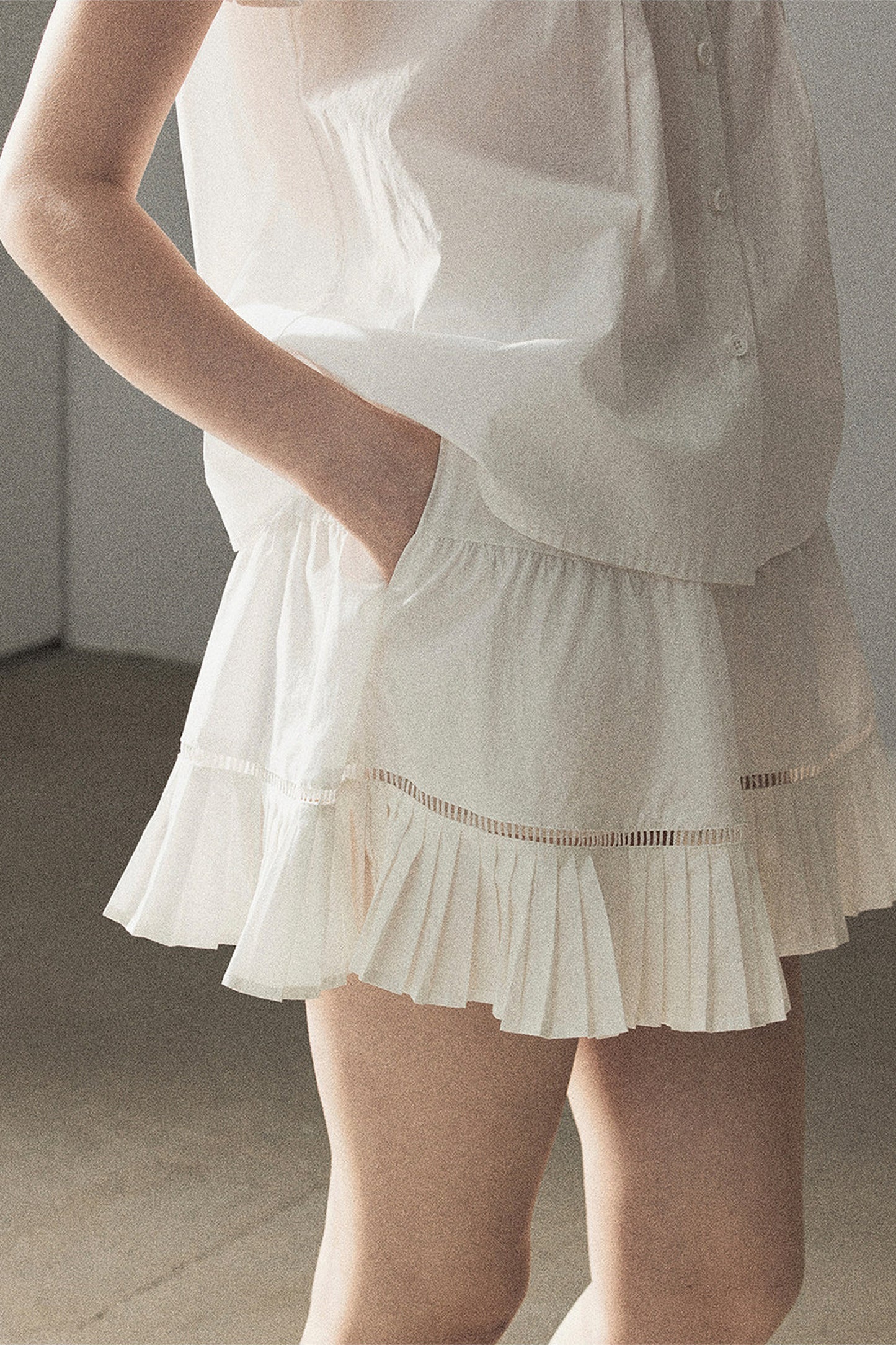 White Pleated Shirt And Skirt Set-Up