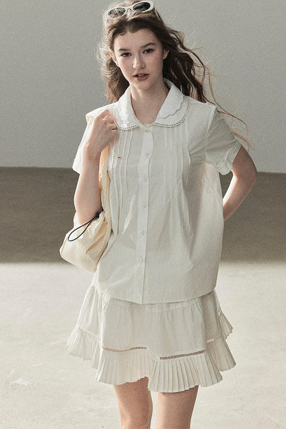 White Pleated Shirt And Skirt Set-Up