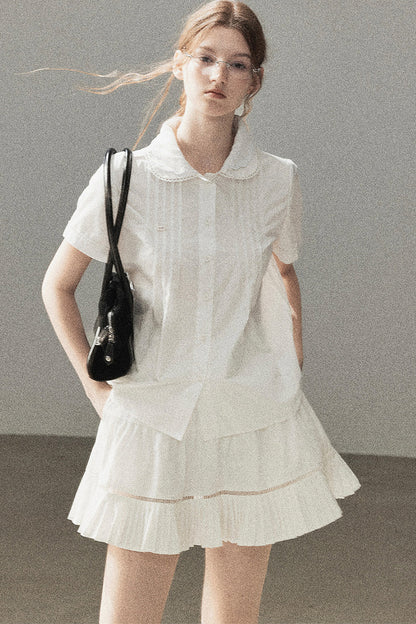 White Pleated Shirt And Skirt Set-Up