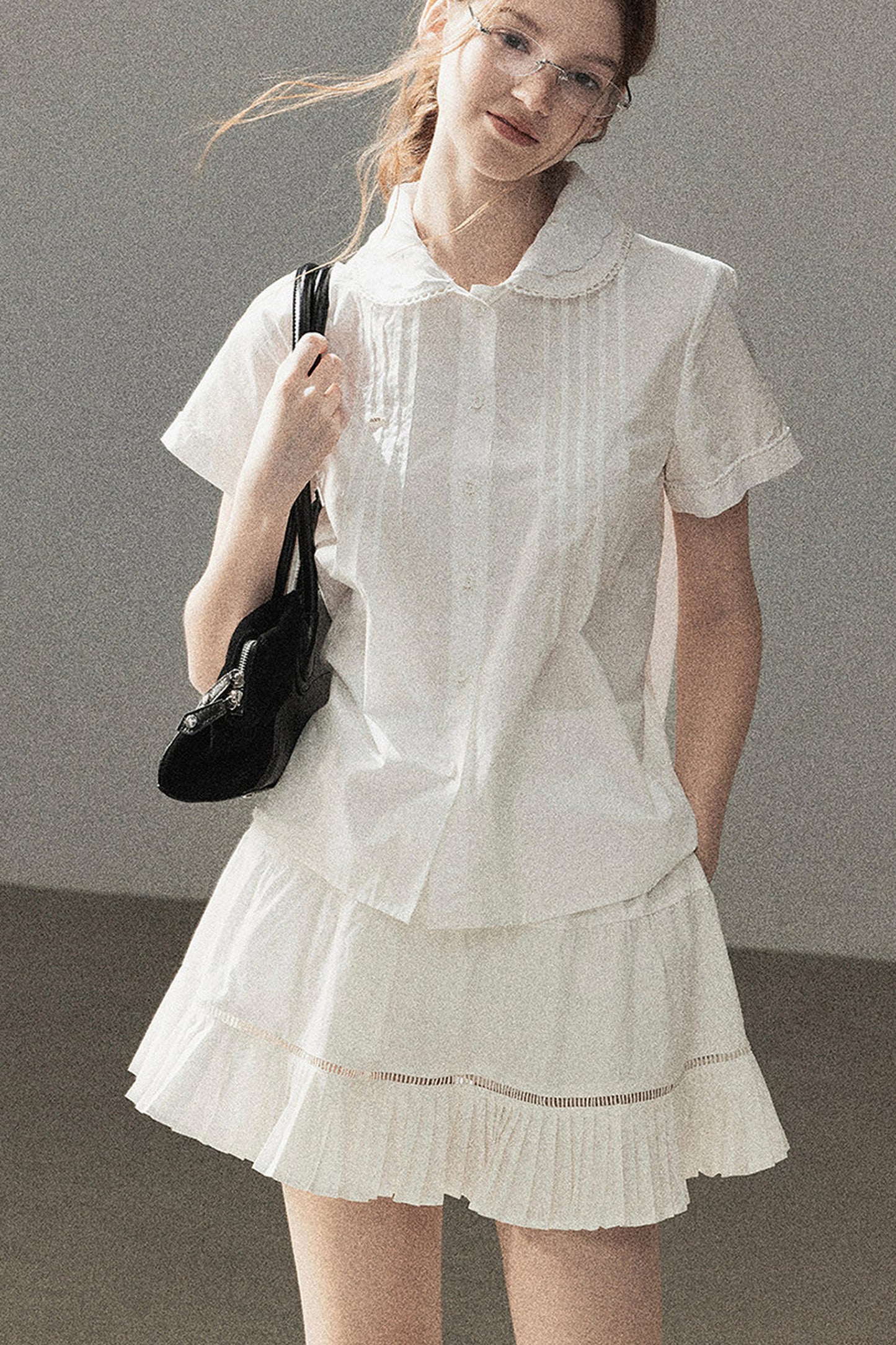 White Pleated Shirt And Skirt Set-Up
