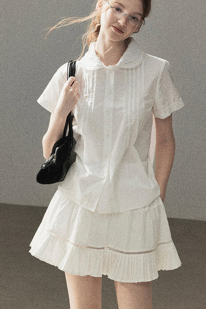 White Pleated Shirt And Skirt Set-Up