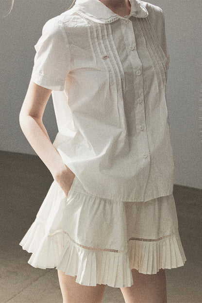 White Pleated Shirt And Skirt Set-Up