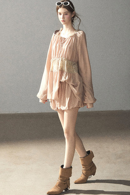 Crinkled Fabric Top and Short Skirt Set