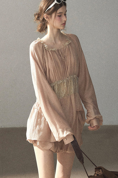 Crinkled Fabric Top and Short Skirt Set