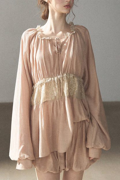 Crinkled Fabric Top and Short Skirt Set