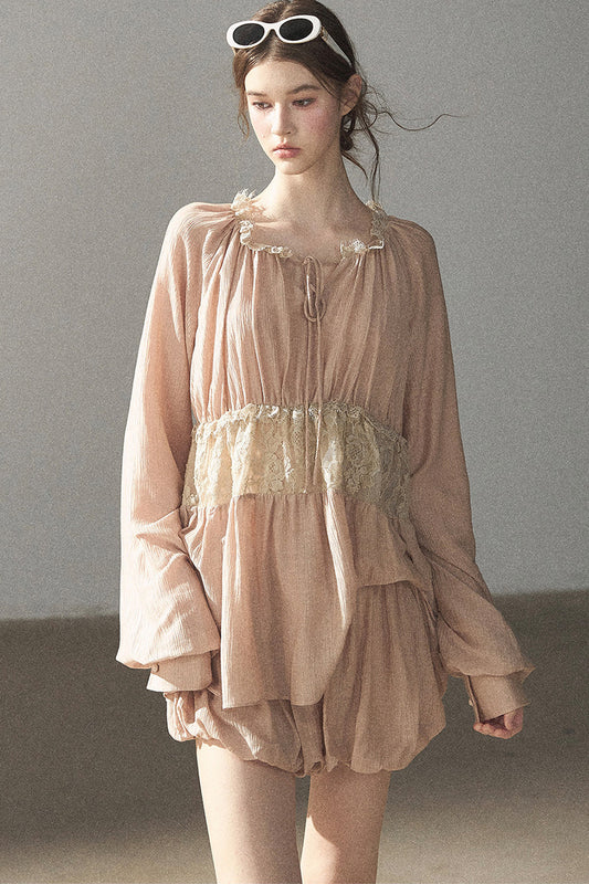 Crinkled Fabric Top and Short Skirt Set