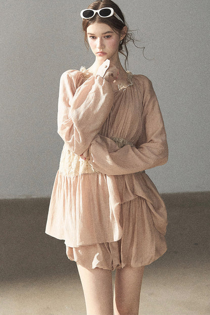 Crinkled Fabric Top and Short Skirt Set