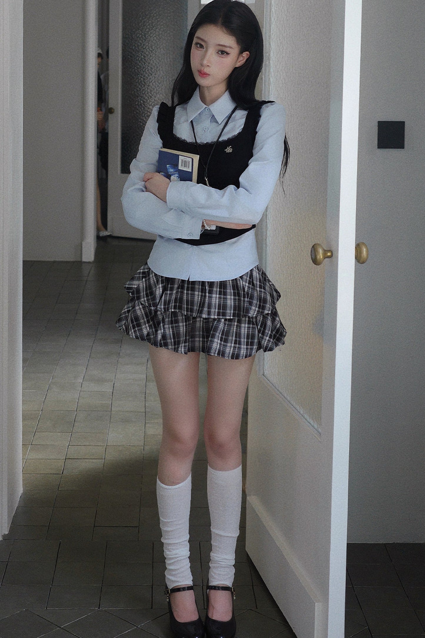 Blue Shirt And Plaid Skirt Set-Up