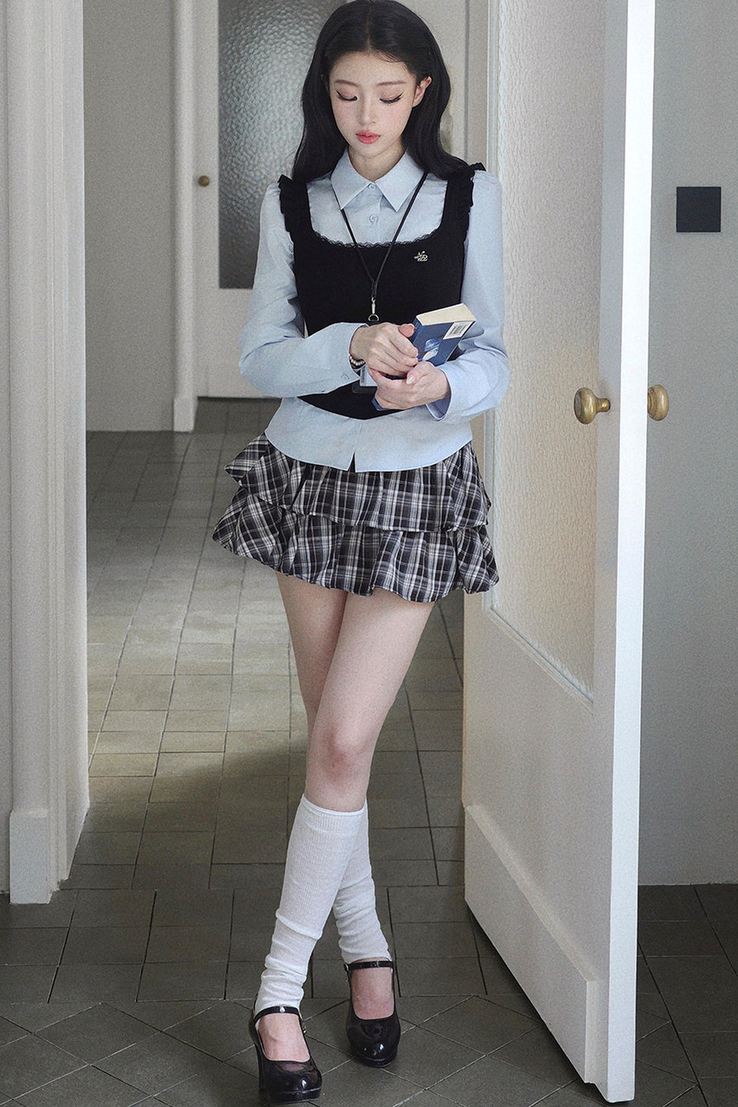 Blue Shirt And Plaid Skirt Set-Up