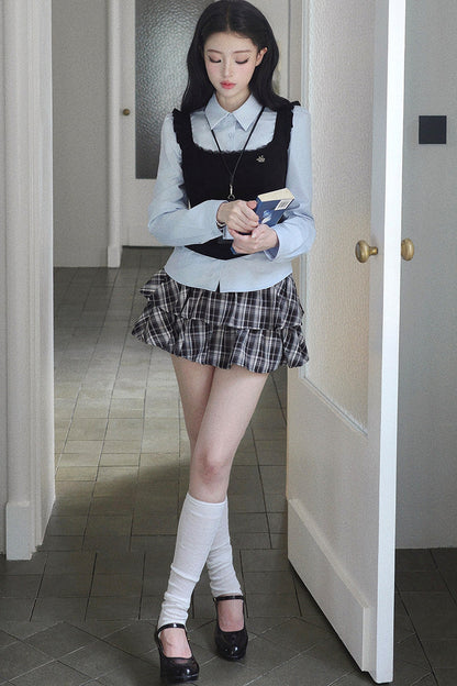 Blue Shirt And Plaid Skirt Set-Up