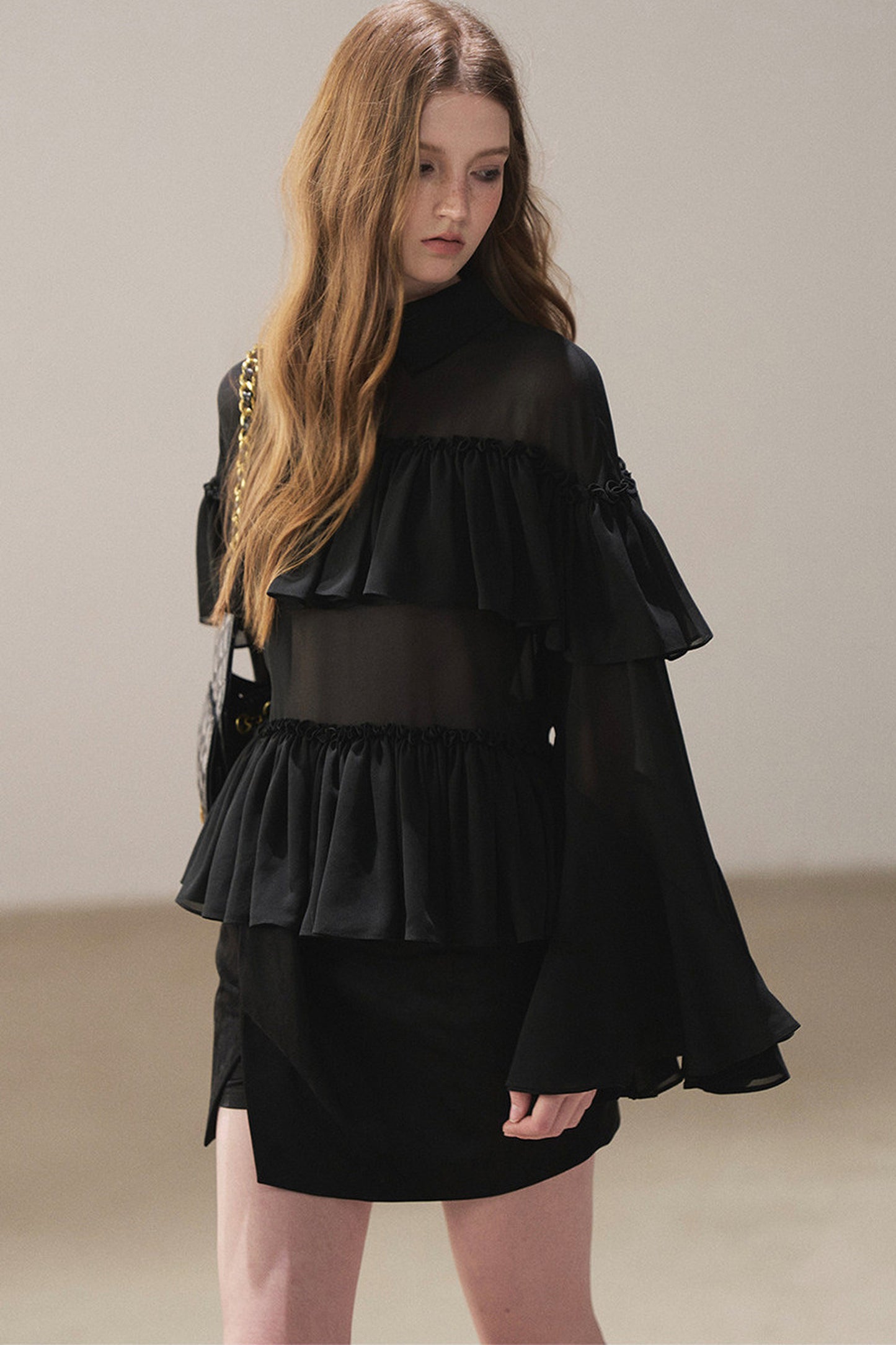 Ruffled Chiffon Polo Blouse