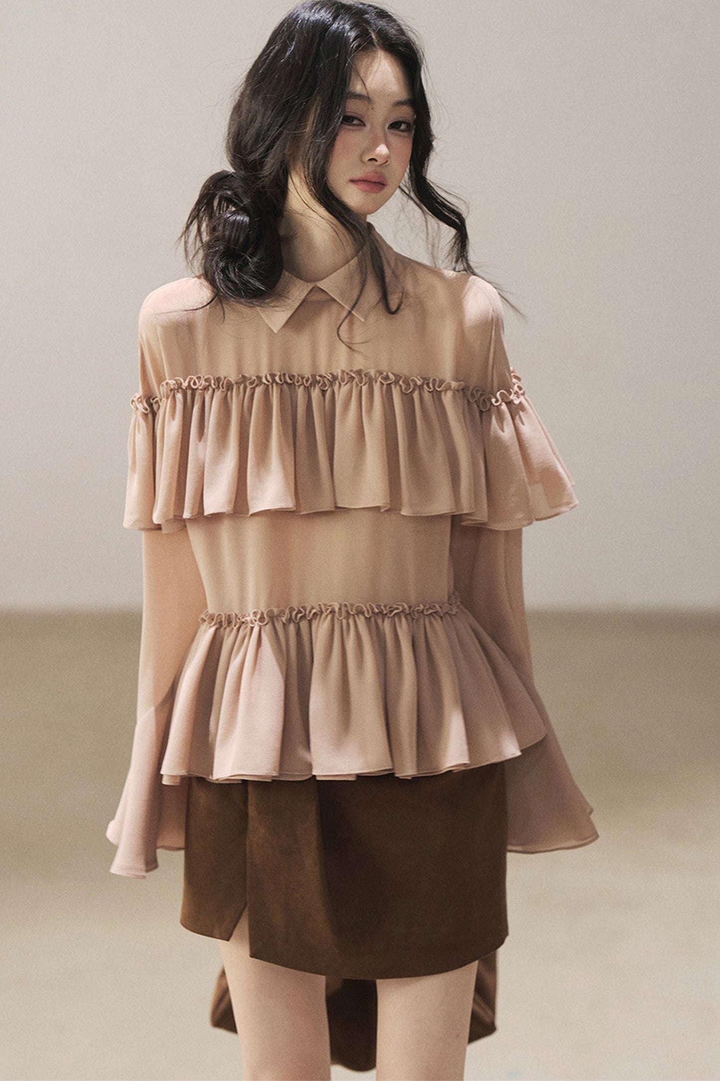 Ruffled Chiffon Polo Blouse